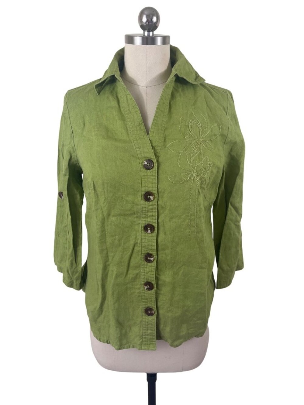 Zoe D. Linen Lagenlook Button Down Shirt Womens Small Green Embroidered Artsy